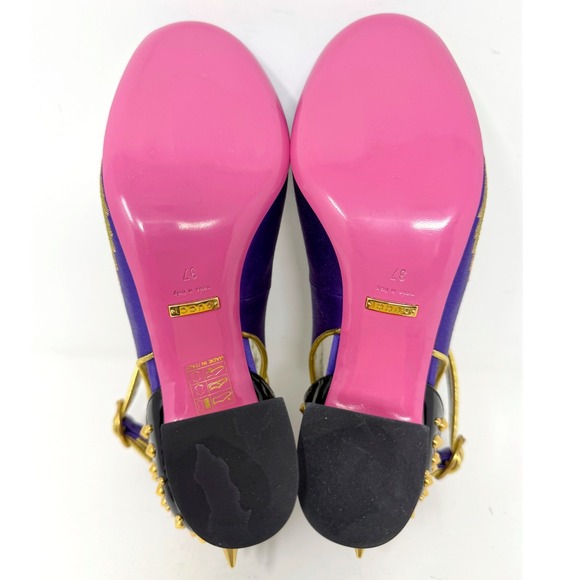 Gucci Purple Dragon Embroidered Mary Jane Heels Spiked Block Crystal 37 FW 2017 - Picture 10 of 12